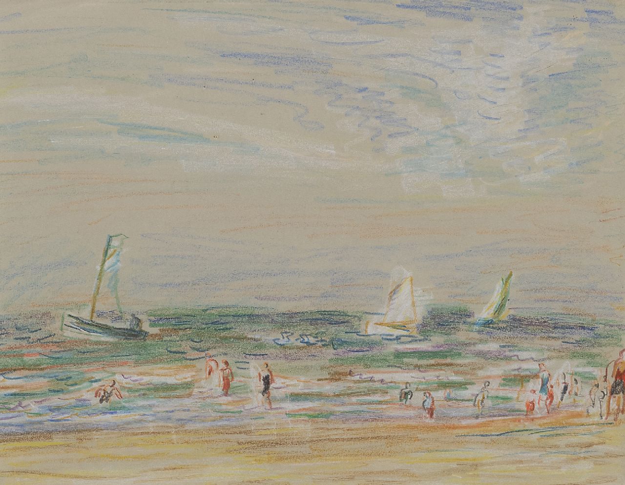 Gestel L.  | Leendert 'Leo' Gestel | Aquarellen en tekeningen te koop aangeboden | Het strand bij Zandvoort, pastel op papier 23,7 x 30,0 cm