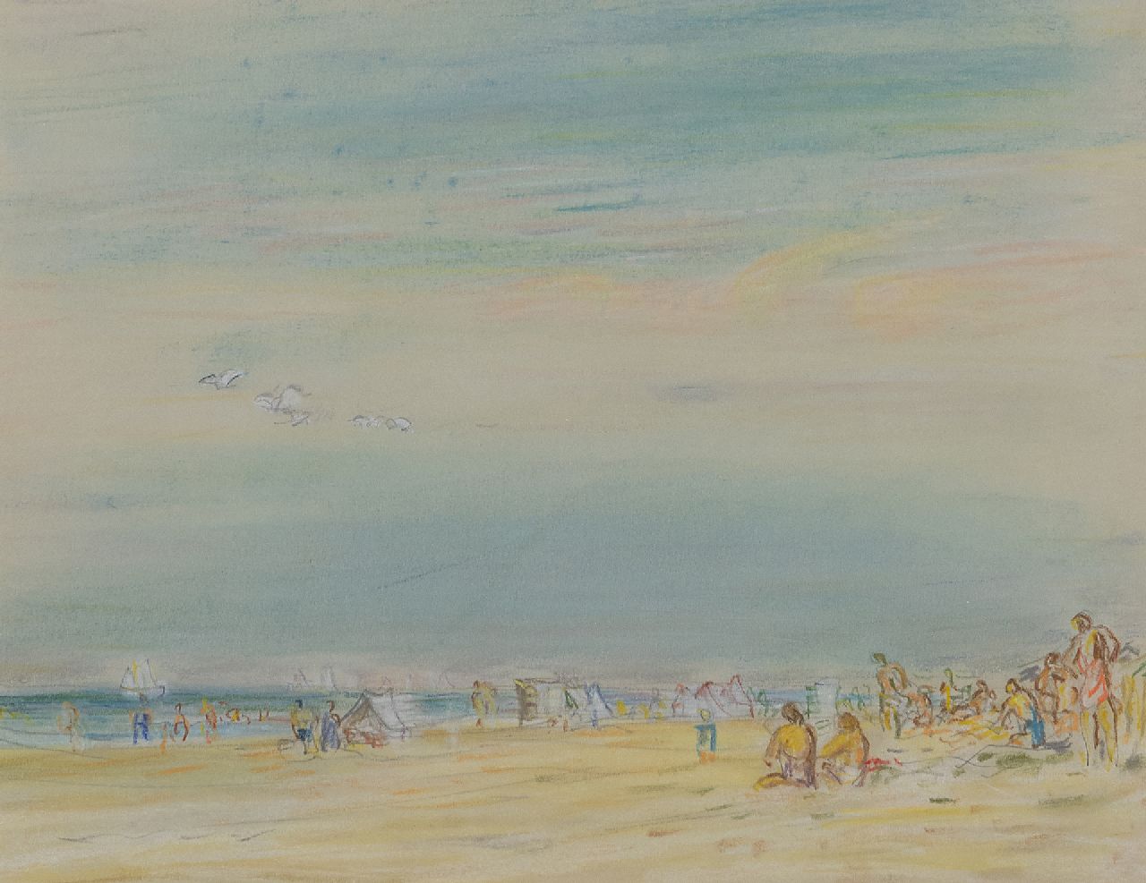 Gestel L.  | Leendert 'Leo' Gestel | Aquarellen en tekeningen te koop aangeboden | Strandgezicht Zandvoort, pastel op papier 23,7 x 30,0 cm