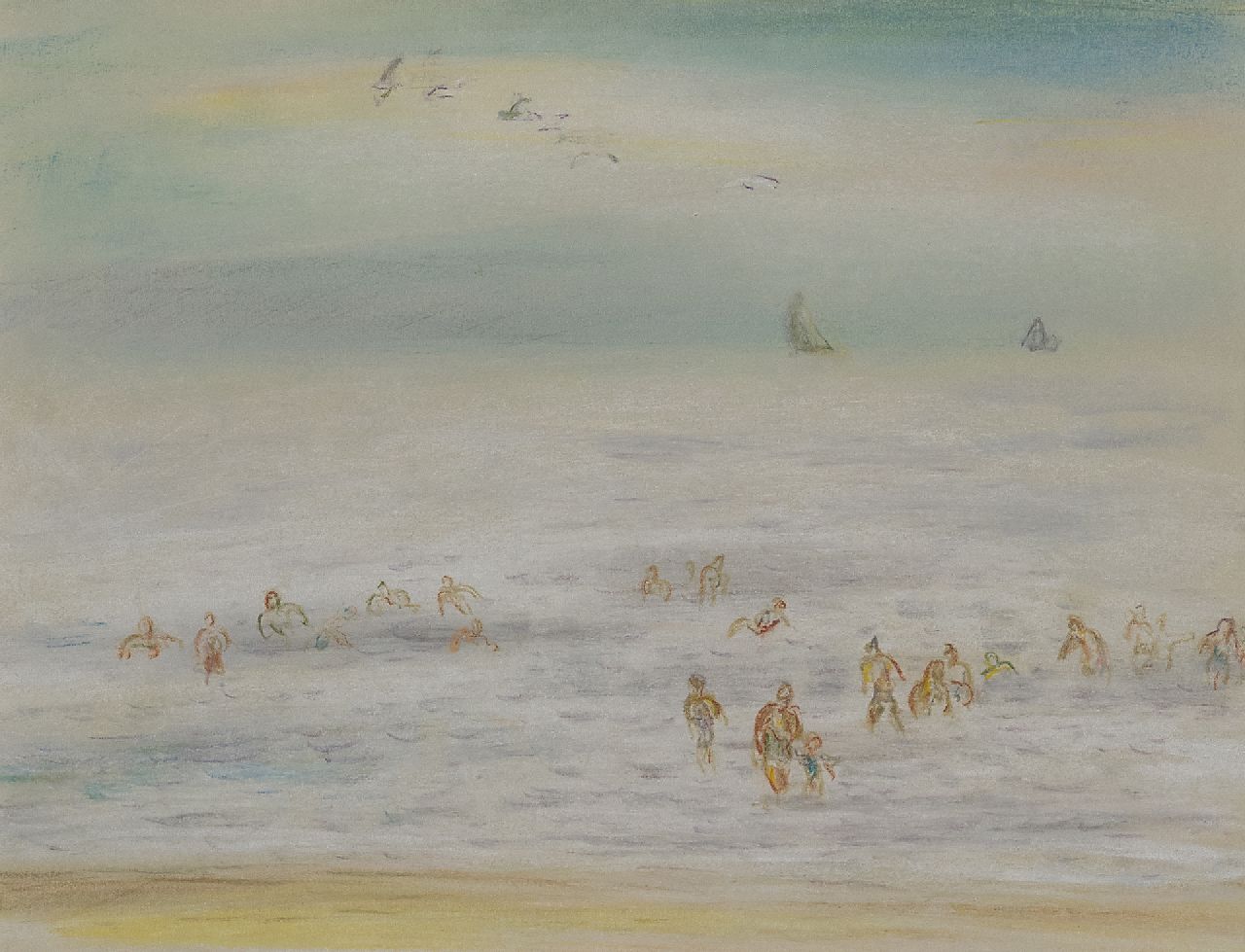 Gestel L. | Leendert 'Leo' Gestel | Aquarellen en tekeningen te koop aangeboden | Baders in zee, Zandvoort, krijt op papier 23,7 x 30,0 cm Gestel L. | Leendert 'Leo' Gestel | Aquarellen en tekeningen te koop aangeboden | Baders in zee, Zandvoort, krijt op papier 23,7 x 30,0 cm