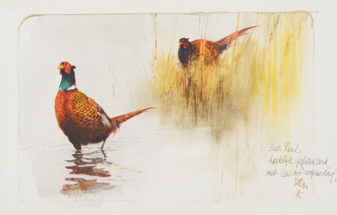 Poortvliet R.  | Rien Poortvliet, Fazanten bij een rietkraag, krijt en aquarel op papier 36,4 x 50,9 cm, gesigneerd rechtsonder