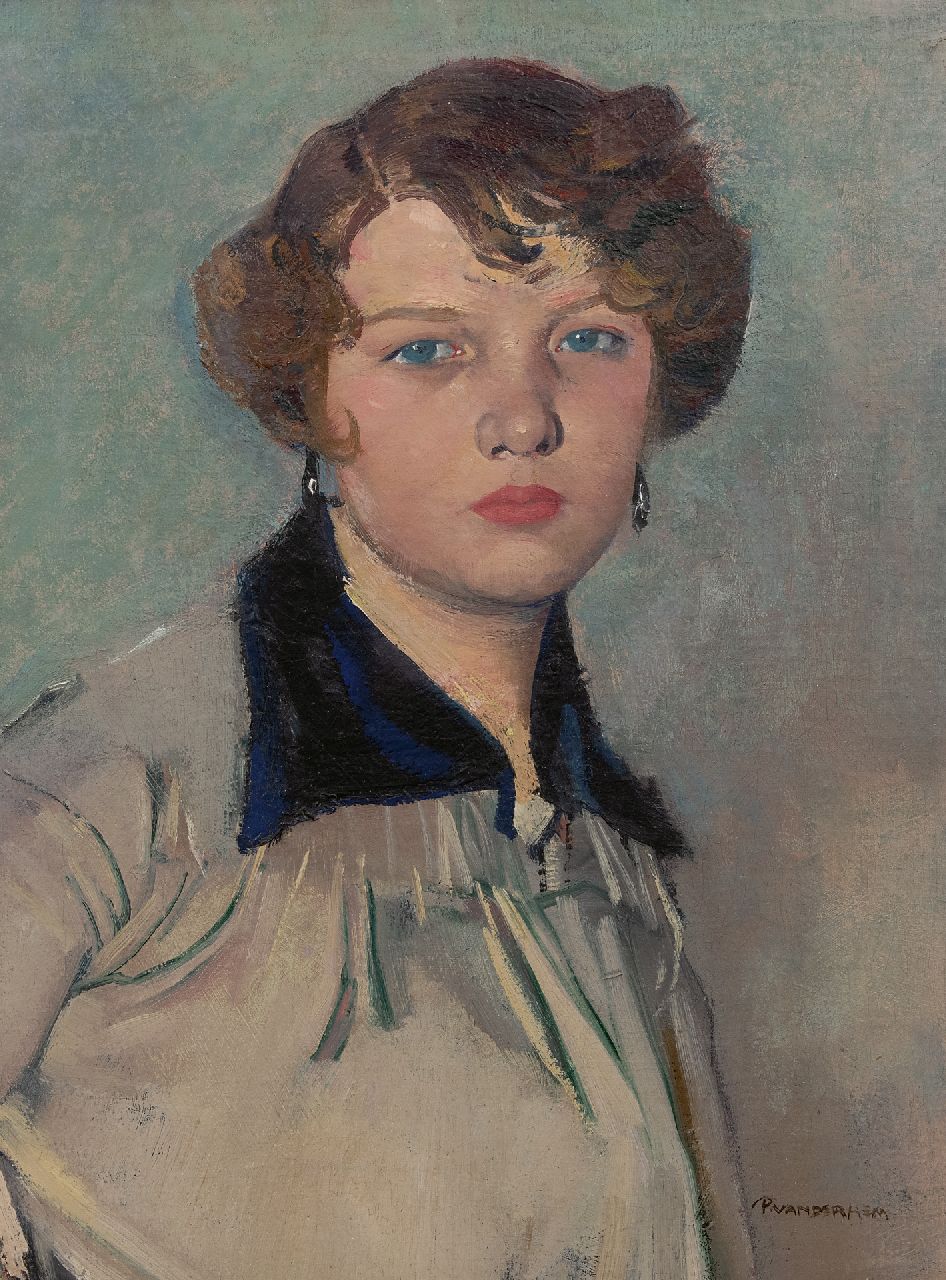 Hem P. van der | Pieter 'Piet' van der Hem | Schilderijen te koop aangeboden | Portret van een jonge vrouw, olieverf op doek 60,4 x 45,9 cm, gesigneerd rechtsonder