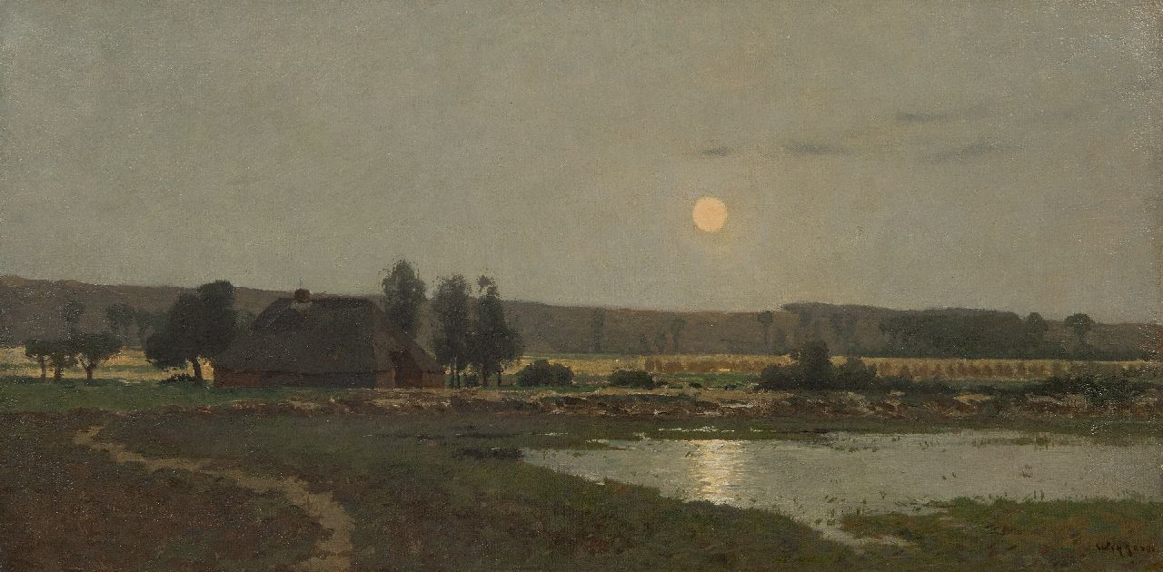 Wiggers D.  | Dirk 'Derk' Wiggers, Meertje bij Nijmegen bij opkomende maan, olieverf op doek 40,8 x 80,2 cm, gesigneerd rechtsonder en te dateren ca. 1895, zonder lijst