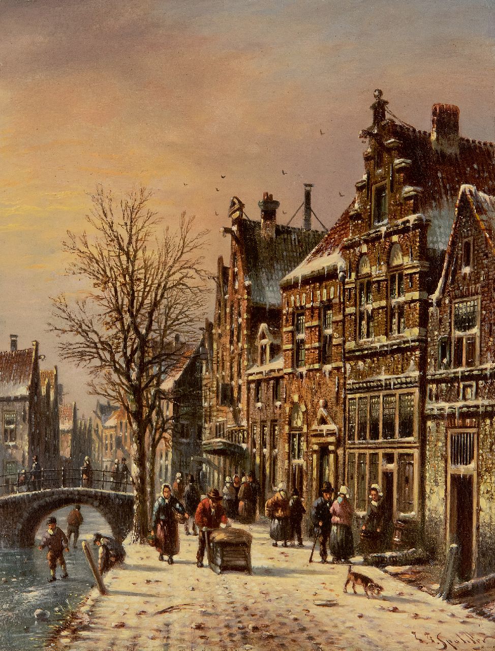 Spohler J.F.  | Johannes Franciscus Spohler | Schilderijen te koop aangeboden | Winters stadsgezicht  (pendant van zomer), olieverf op paneel 20,9 x 15,9 cm, gesigneerd rechtsonder