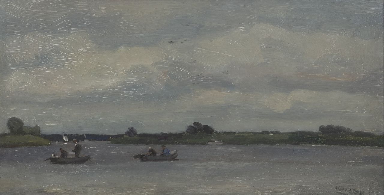Noltee B.C.  | Bernardus Cornelis 'Cor' Noltee, Vissers in bootjes met buitenboordmotor op het Wantij, Dordrecht, olieverf op schildersboard 29,0 x 55,2 cm, gesigneerd rechtsonder