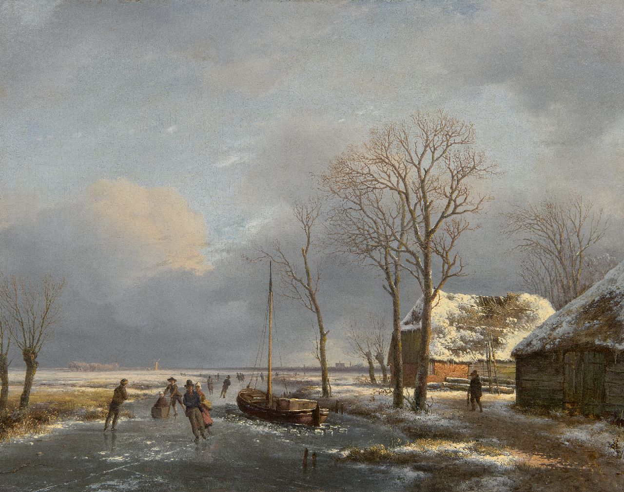 Schelfhout A. | Andreas Schelfhout | Schilderijen te koop aangeboden | Panoramisch winterlandschap met schaatsers, de St. Bavokerk van Haarlem in de verte, olieverf op paneel 39,1 x 49,8 cm, te dateren ca. 1825 Schelfhout A. | Andreas Schelfhout | Schilderijen te koop aangeboden | Panoramisch winterlandschap met schaatsers, de St. Bavokerk van Haarlem in de verte, olieverf op paneel 39,1 x 49,8 cm, te dateren ca. 1825