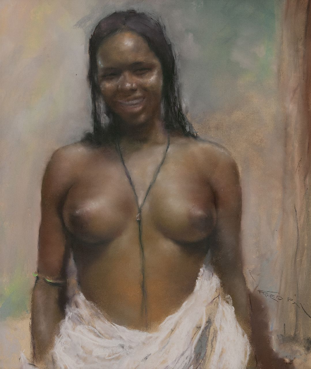 Fried P.  | Pal Fried | Aquarellen en tekeningen te koop aangeboden | Glimlachend half-naakt, pastel op papier 79,9 x 68,4 cm, gesigneerd rechtsonder