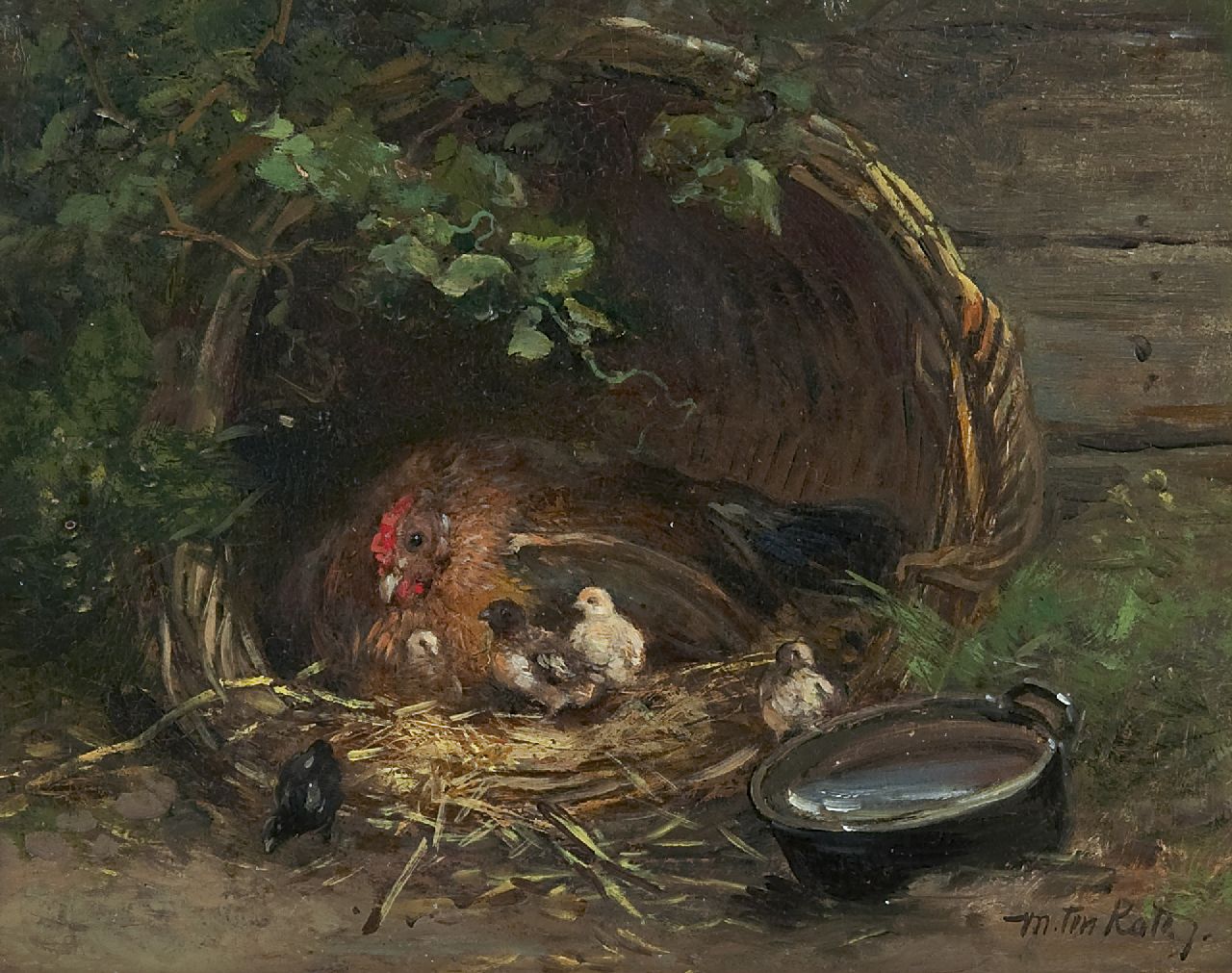 Kate J.M.H. ten | Johan 'Mari' Henri ten Kate, Hen met kuikens in een korf, olieverf op paneel 15,5 x 19,7 cm, gesigneerd rechtsonder Kate J.M.H. ten | Johan 'Mari' Henri ten Kate, Hen met kuikens in een korf, olieverf op paneel 15,5 x 19,7 cm, gesigneerd rechtsonder