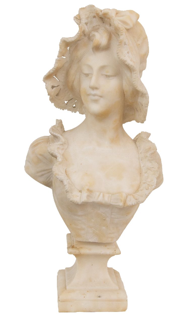 Cipriani A.  | Adolfo Cipriani | Beelden en objecten te koop aangeboden | Jongedame met hoed, marmer 34,8 x 32,1 cm, gesigneerd op achterzijde