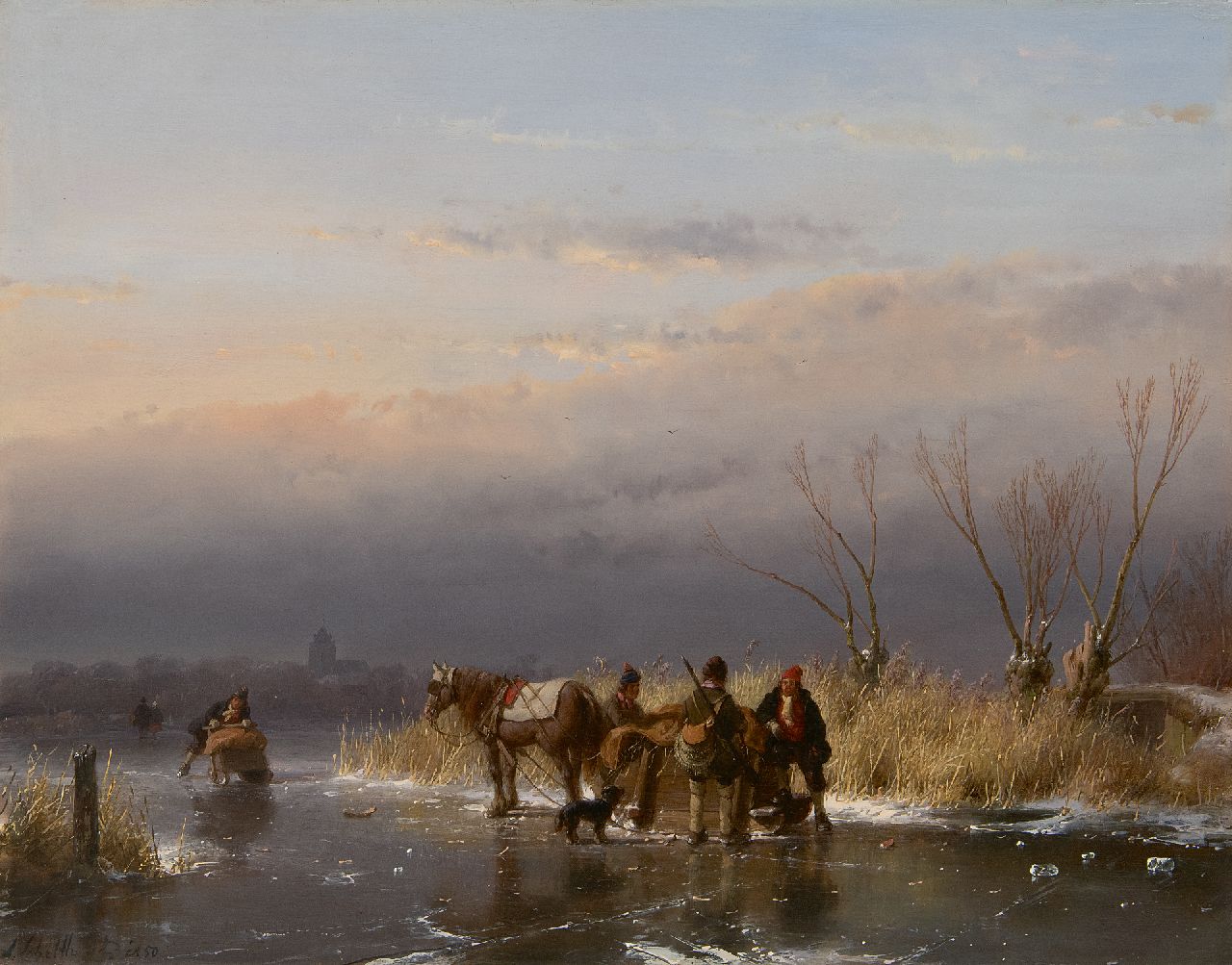 Schelfhout A.  | Andreas Schelfhout, IJsgezicht met jager en hond bij een paardenslee, olieverf op paneel 34,5 x 43,9 cm, gesigneerd linksonder en gedateerd 1850
