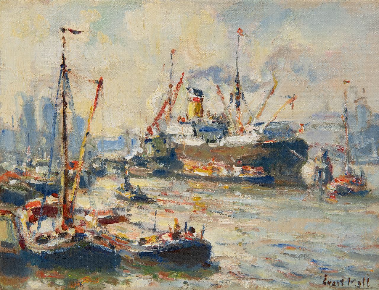 Moll E. | Evert Moll, Havengezicht met stoomschip en slepers, olieverf op doek 19,4 x 25,2 cm, gesigneerd rechtsonder Moll E. | Evert Moll, Havengezicht met stoomschip en slepers, olieverf op doek 19,4 x 25,2 cm, gesigneerd rechtsonder