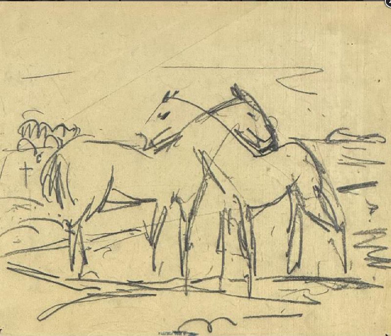 Altink J. | Jan Altink | Aquarellen en tekeningen te koop aangeboden | Noppende paarden, krijt op papier 30,4 x 36,0 cm, te dateren ca. 1925 Altink J. | Jan Altink | Aquarellen en tekeningen te koop aangeboden | Noppende paarden, krijt op papier 30,4 x 36,0 cm, te dateren ca. 1925