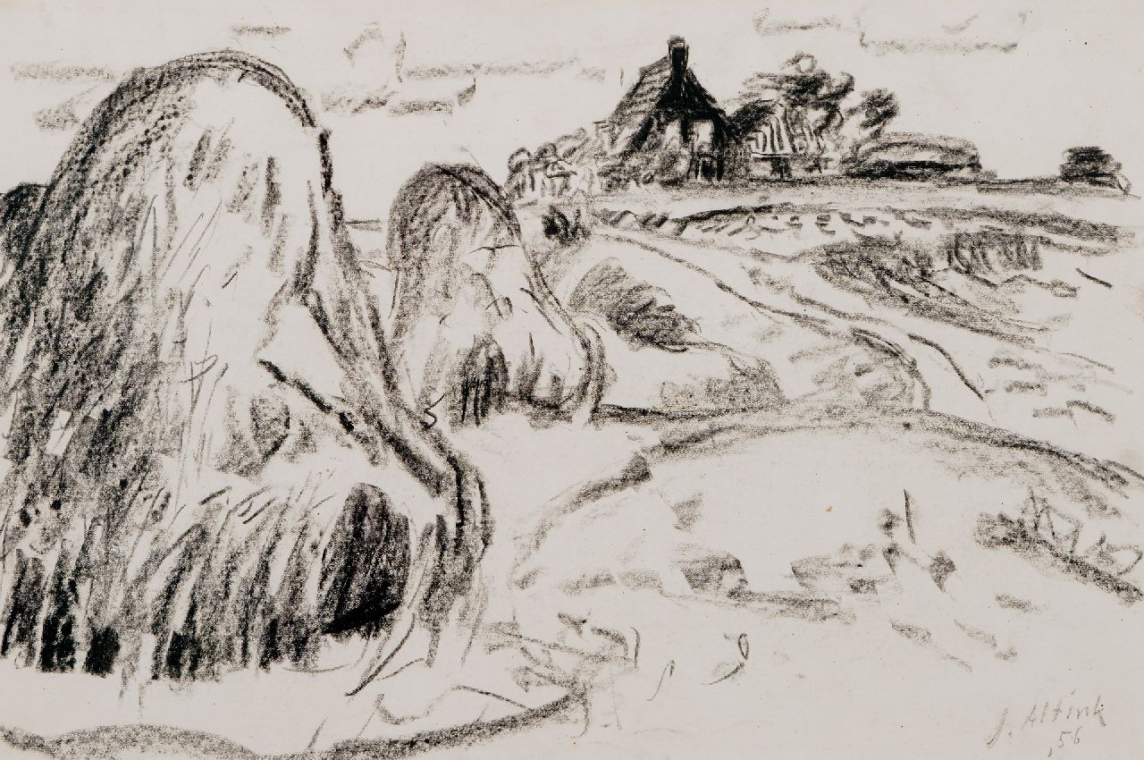 Altink J.  | Jan Altink, Boerenerf met hooischelven, zwart krijt op papier 31,9 x 48,4 cm, gesigneerd rechtsonder en gedateerd '56