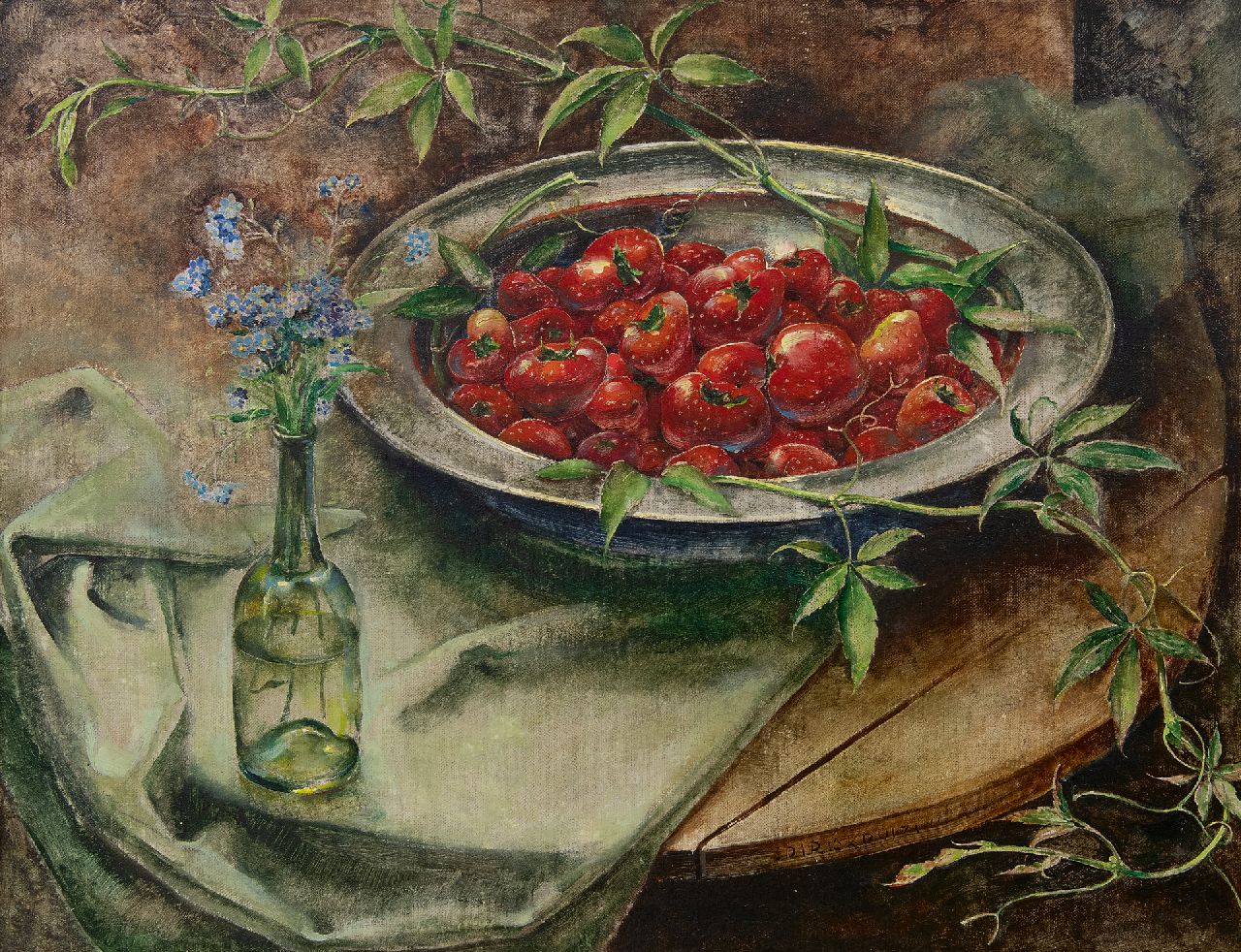 Kruizinga D.  | Dirk Kruizinga | Schilderijen te koop aangeboden | Stilleven met aardbeien op tinnen schaal, olieverf op doek 35,2 x 45,3 cm, gesigneerd rechtsonder