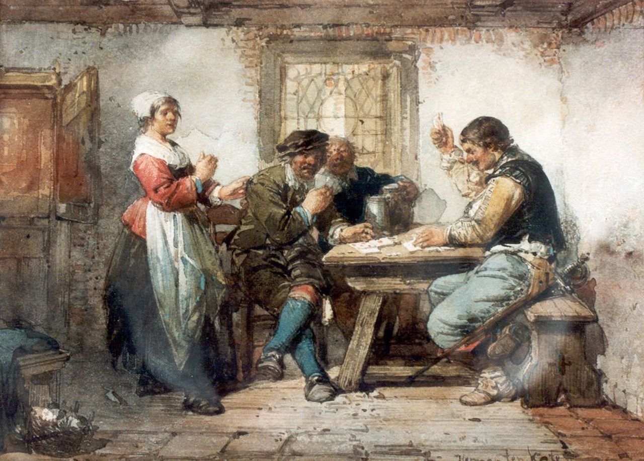 Kate H.F.C. ten | 'Herman' Frederik Carel ten Kate, Kaartspelers in de herberg, aquarel op papier 17,0 x 23,5 cm, gesigneerd rechtsonder