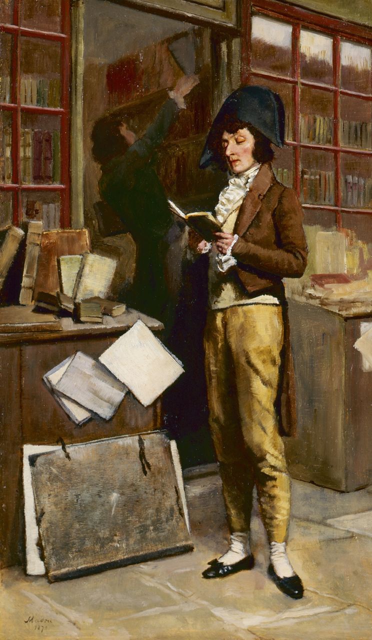 Madou J.P. | Jean Baptiste Madou, Bij het antiquariaat, olieverf op paneel 32,5 x 19,1 cm, gesigneerd linksonder en gedateerd 1873 Madou J.P. | Jean Baptiste Madou, Bij het antiquariaat, olieverf op paneel 32,5 x 19,1 cm, gesigneerd linksonder en gedateerd 1873