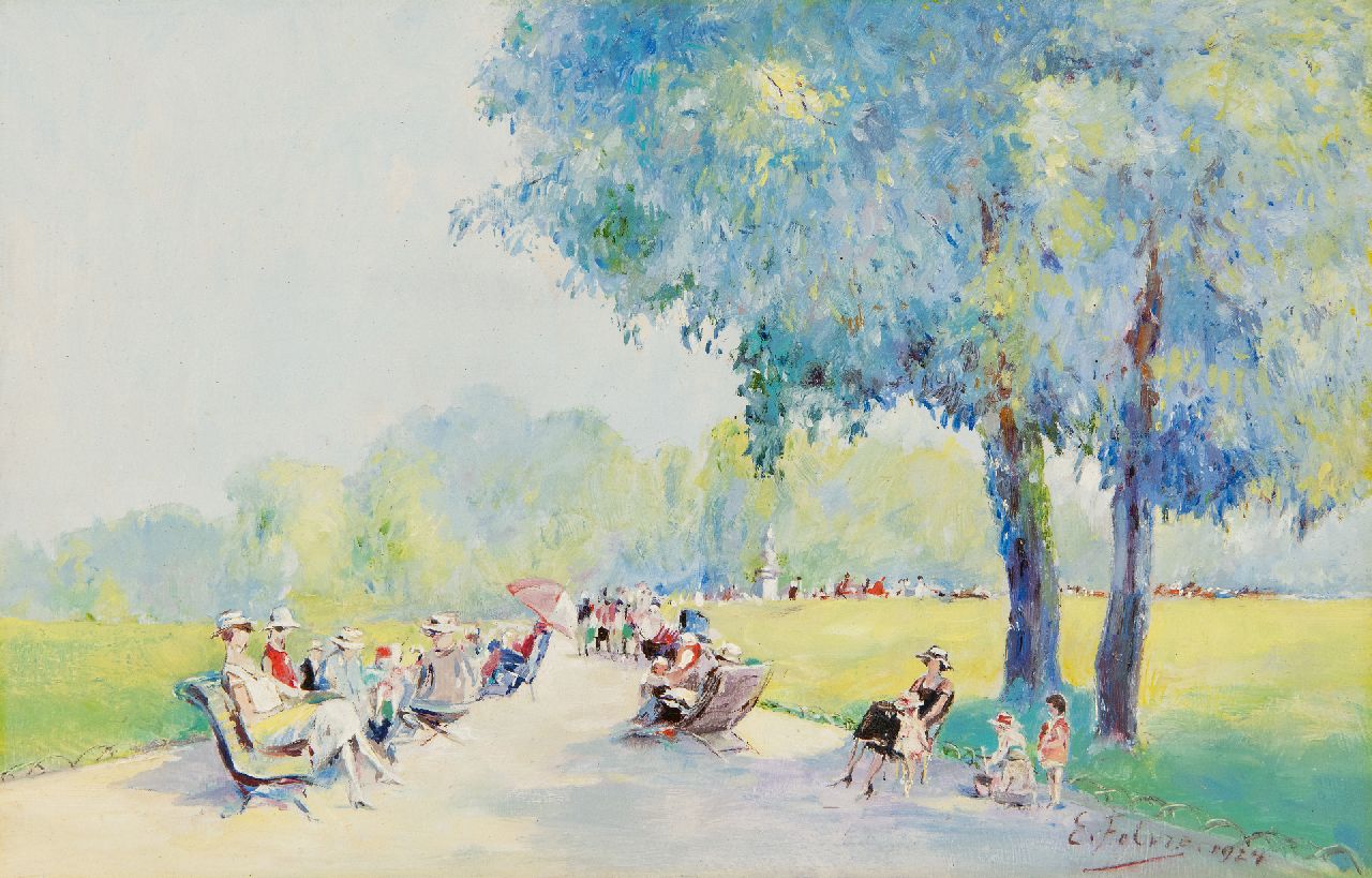 Febre E.  | E. Febre | Schilderijen te koop aangeboden | Le Jardin Public, olieverf op paneel 16,5 x 25,5 cm, gesigneerd rechtsonder en gedateerd 1924