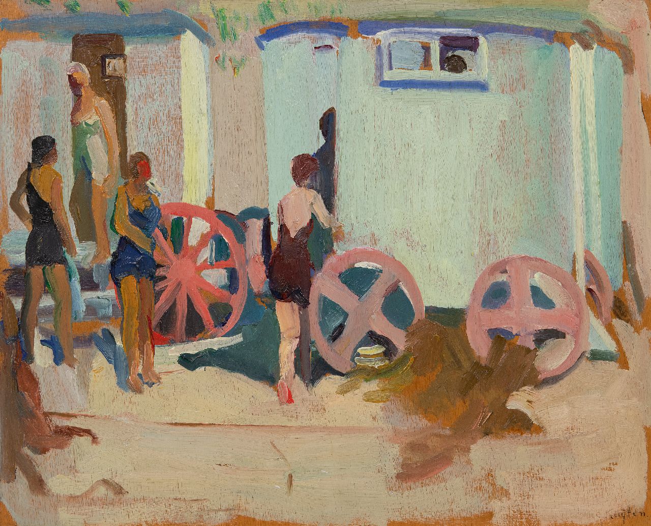 Kuijten H.J. | Henricus Johannes 'Harrie' Kuijten, Badkoetsjes, olieverf op paneel 32,9 x 40,9 cm, gesigneerd rechtsonder en te dateren ca. 1917-1925 Kuijten H.J. | Henricus Johannes 'Harrie' Kuijten, Badkoetsjes, olieverf op paneel 32,9 x 40,9 cm, gesigneerd rechtsonder en te dateren ca. 1917-1925