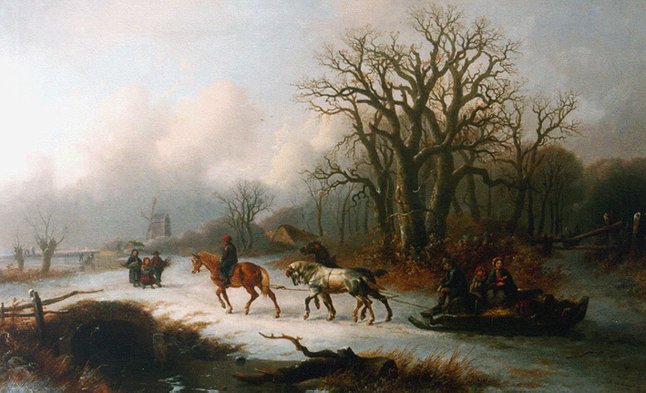 Leeuw A. de | Alexis de Leeuw, Winterlandschap met trekslee en houtsprokkelaars, olieverf op doek 78,5 x 126,7 cm, gesigneerd rechtsonder en gedateerd 1865 Leeuw A. de | Alexis de Leeuw, Winterlandschap met trekslee en houtsprokkelaars, olieverf op doek 78,5 x 126,7 cm, gesigneerd rechtsonder en gedateerd 1865