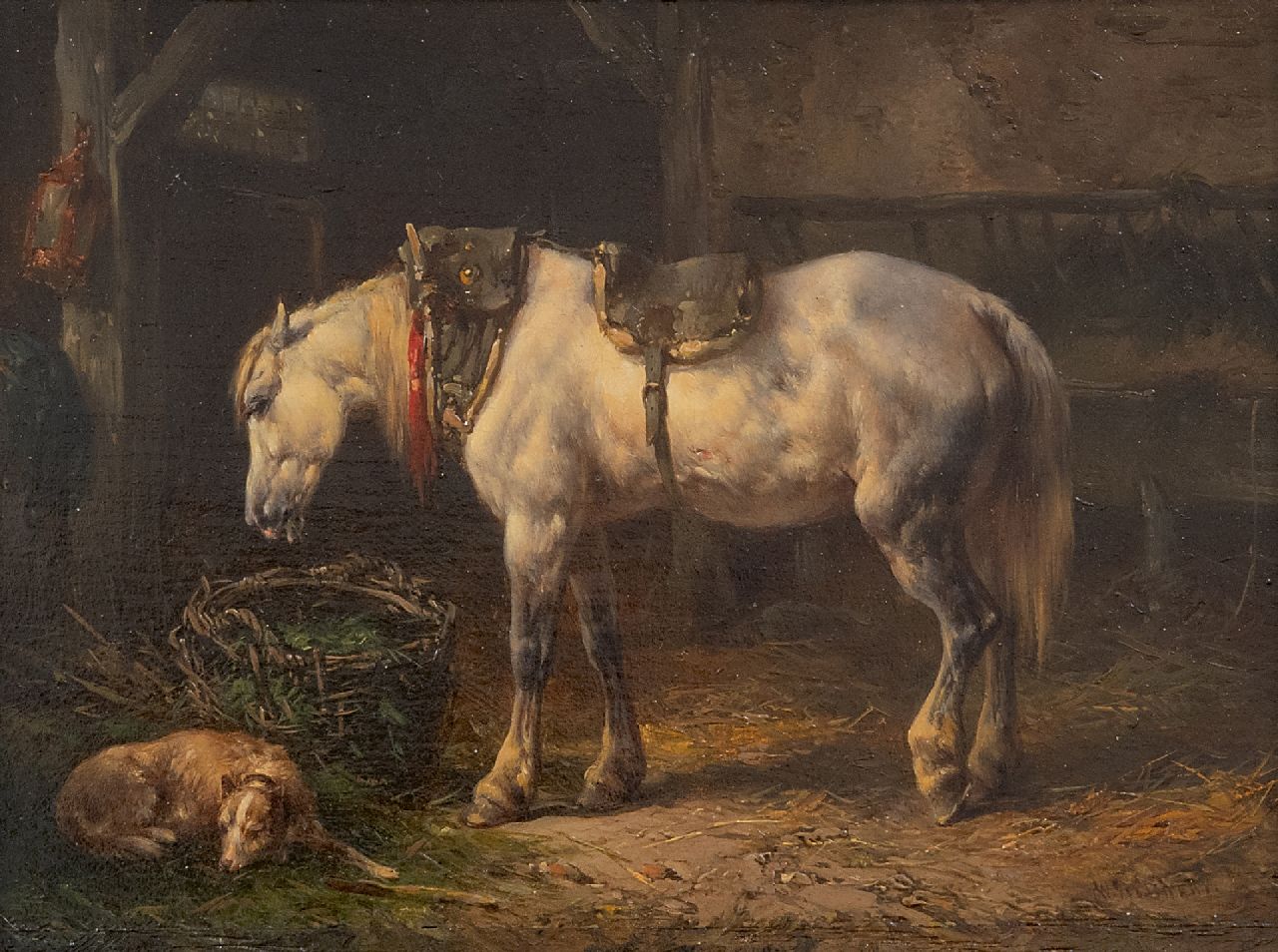 Verschuur W. | Wouterus Verschuur | Schilderijen te koop aangeboden | Stalinterieur met paard en hond, olieverf op paneel 12,6 x 17,4 cm, gesigneerd rechtsonder Verschuur W. | Wouterus Verschuur | Schilderijen te koop aangeboden | Stalinterieur met paard en hond, olieverf op paneel 12,6 x 17,4 cm, gesigneerd rechtsonder