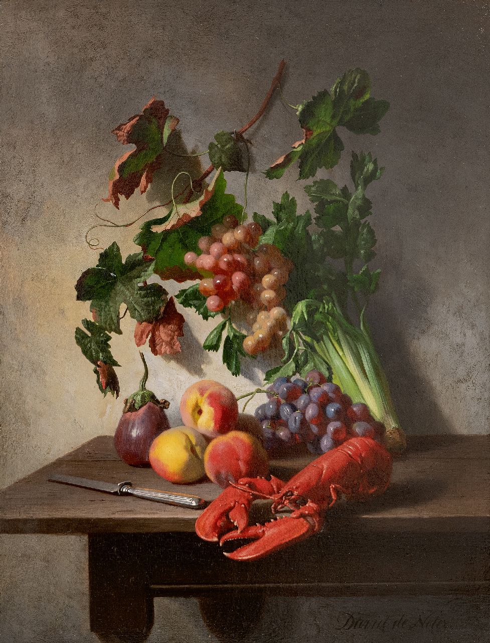 Noter D.E.J. de | 'David' Emile Joseph de Noter | Schilderijen te koop aangeboden | Stilleven met groente, fruit, kreeft en een mes, olieverf op paneel 37,0 x 28,3 cm, gesigneerd rechtsonder