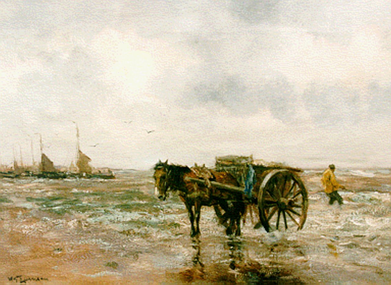 Jansen W.G.F. | 'Willem' George Frederik Jansen, Schelpenvisser in de branding, olieverf op doek 39,6 x 54,2 cm, gesigneerd linksonder Jansen W.G.F. | 'Willem' George Frederik Jansen, Schelpenvisser in de branding, olieverf op doek 39,6 x 54,2 cm, gesigneerd linksonder
