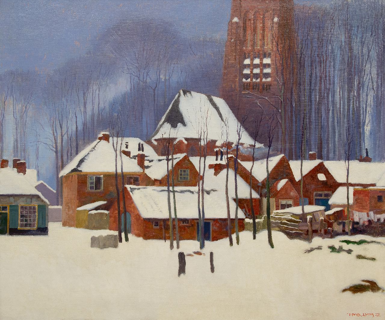 Luns H.M.  | Hubert Marie 'Huib' Luns | Schilderijen te koop aangeboden | Wintergezicht op Vught met de Sint Lambertuskerk in de sneeuw, olieverf op doek 120,5 x 142,2 cm, gesigneerd rechtsonder en gedateerd '23