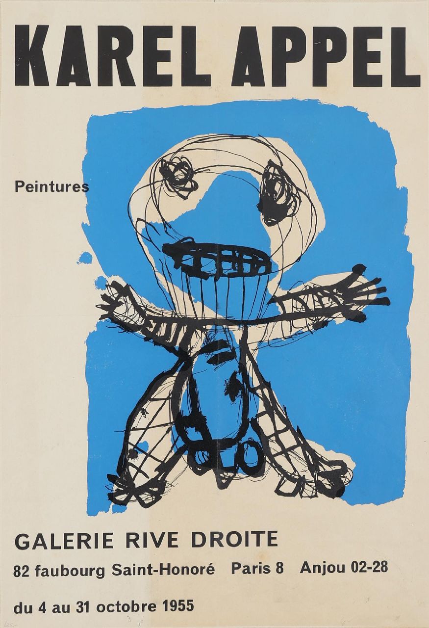Appel C.K. | Christiaan 'Karel' Appel | Grafiek te koop aangeboden | Tentoonstellingsaffiche 'Karel Appel, Peintures' in Galerie Rive Droite, Parijs, 1955, litho 55,6 x 37,5 cm, met verso gestempelde datum 14 oct. 1955 Appel C.K. | Christiaan 'Karel' Appel | Grafiek te koop aangeboden | Tentoonstellingsaffiche 'Karel Appel, Peintures' in Galerie Rive Droite, Parijs, 1955, litho 55,6 x 37,5 cm, met verso gestempelde datum 14 oct. 1955