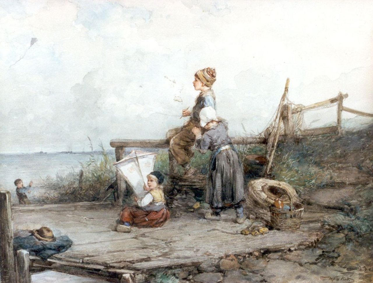 Kate J.M.H. ten | Johan 'Mari' Henri ten Kate, Een dagje vliegeren op het strand, aquarel op papier 43,0 x 58,0 cm, gesigneerd rechtsonder Kate J.M.H. ten | Johan 'Mari' Henri ten Kate, Een dagje vliegeren op het strand, aquarel op papier 43,0 x 58,0 cm, gesigneerd rechtsonder