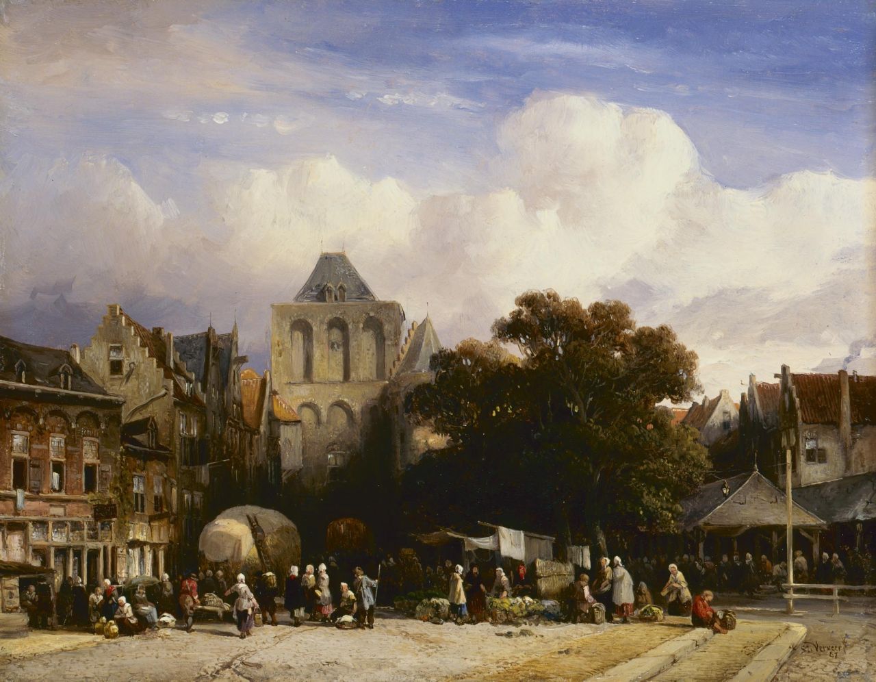 Verveer S.L. | 'Salomon' Leonardus Verveer, Drukbevolkte markt in een Hollands stadje, olieverf op paneel 23,7 x 30,2 cm, gesigneerd rechtsonder en gedateerd '47 Verveer S.L. | 'Salomon' Leonardus Verveer, Drukbevolkte markt in een Hollands stadje, olieverf op paneel 23,7 x 30,2 cm, gesigneerd rechtsonder en gedateerd '47