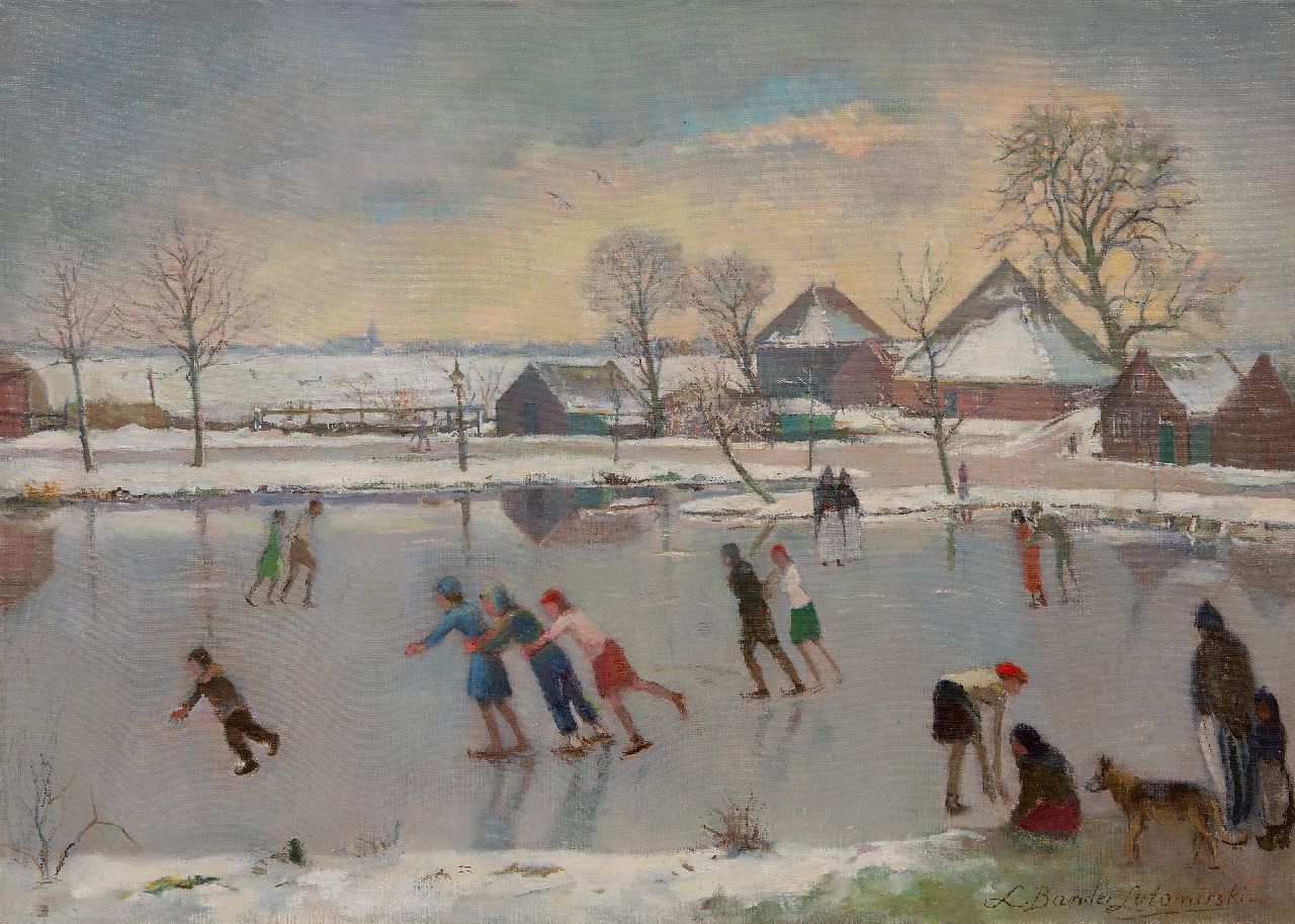 Bander-Lutomirski L.  | Léonie Bander-Lutomirski | Schilderijen te koop aangeboden | Schaatsplezier voor boerderij Kout te Edam, olieverf op doek 50,2 x 69,8 cm, gesigneerd rechtsonder en zonder lijst