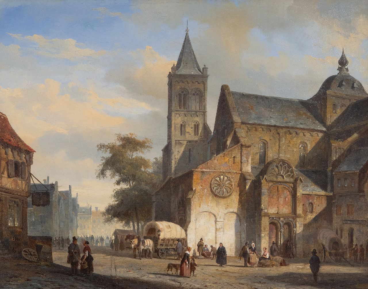 Springer C.  | Cornelis Springer | Schilderijen te koop aangeboden | Hollands stadsplein met kerk en huifkar, olieverf op doek 36,5 x 46,0 cm, gesigneerd linksonder met monogram en gedateerd '44