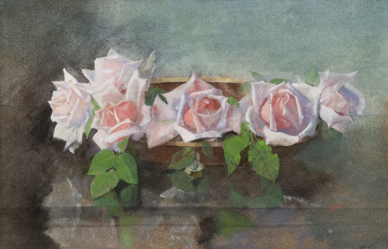 Voerman sr. J. | Jan Voerman sr. | Aquarellen en tekeningen te koop aangeboden | Schaal met 'La France'-rozen, aquarel op papier 33,2 x 50,0 cm, gesigneerd rechtsonder met initialen Voerman sr. J. | Jan Voerman sr. | Aquarellen en tekeningen te koop aangeboden | Schaal met 'La France'-rozen, aquarel op papier 33,2 x 50,0 cm, gesigneerd rechtsonder met initialen