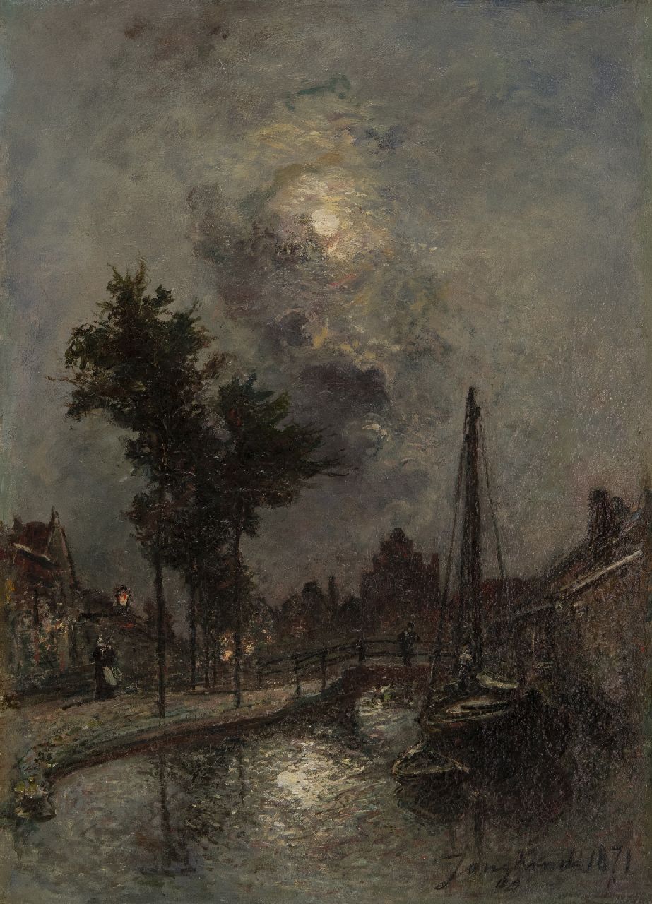 Jongkind J.B. | Johan Barthold Jongkind | Schilderijen te koop aangeboden | Bruggetje bij maanlicht, Dordrecht, olieverf op doek 46,2 x 33,6 cm, gesigneerd rechtsonder en gedateerd 1871 Jongkind J.B. | Johan Barthold Jongkind | Schilderijen te koop aangeboden | Bruggetje bij maanlicht, Dordrecht, olieverf op doek 46,2 x 33,6 cm, gesigneerd rechtsonder en gedateerd 1871