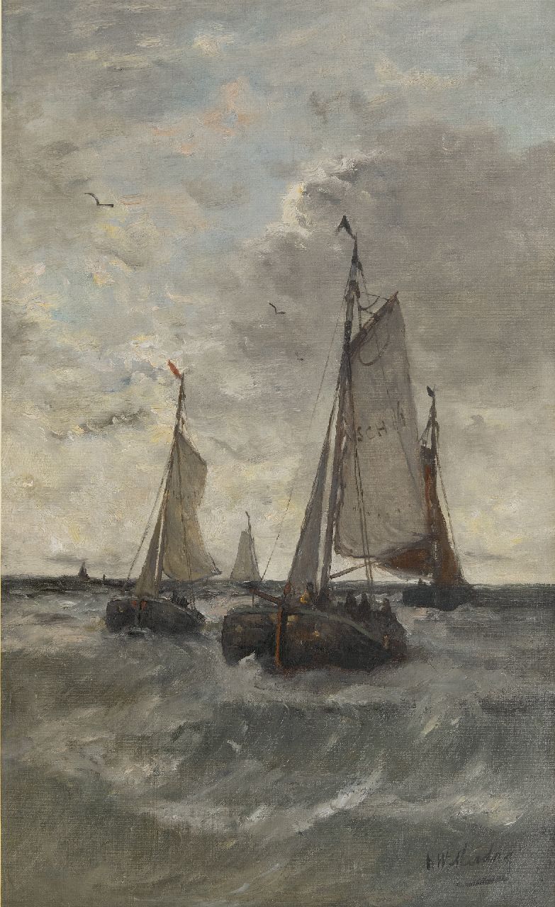 Mesdag H.W.  | Hendrik Willem Mesdag | Schilderijen te koop aangeboden | Terugkerende vissersschepen, Scheveningen, olieverf op doek 78,1 x 48,1 cm, gesigneerd rechtsonder