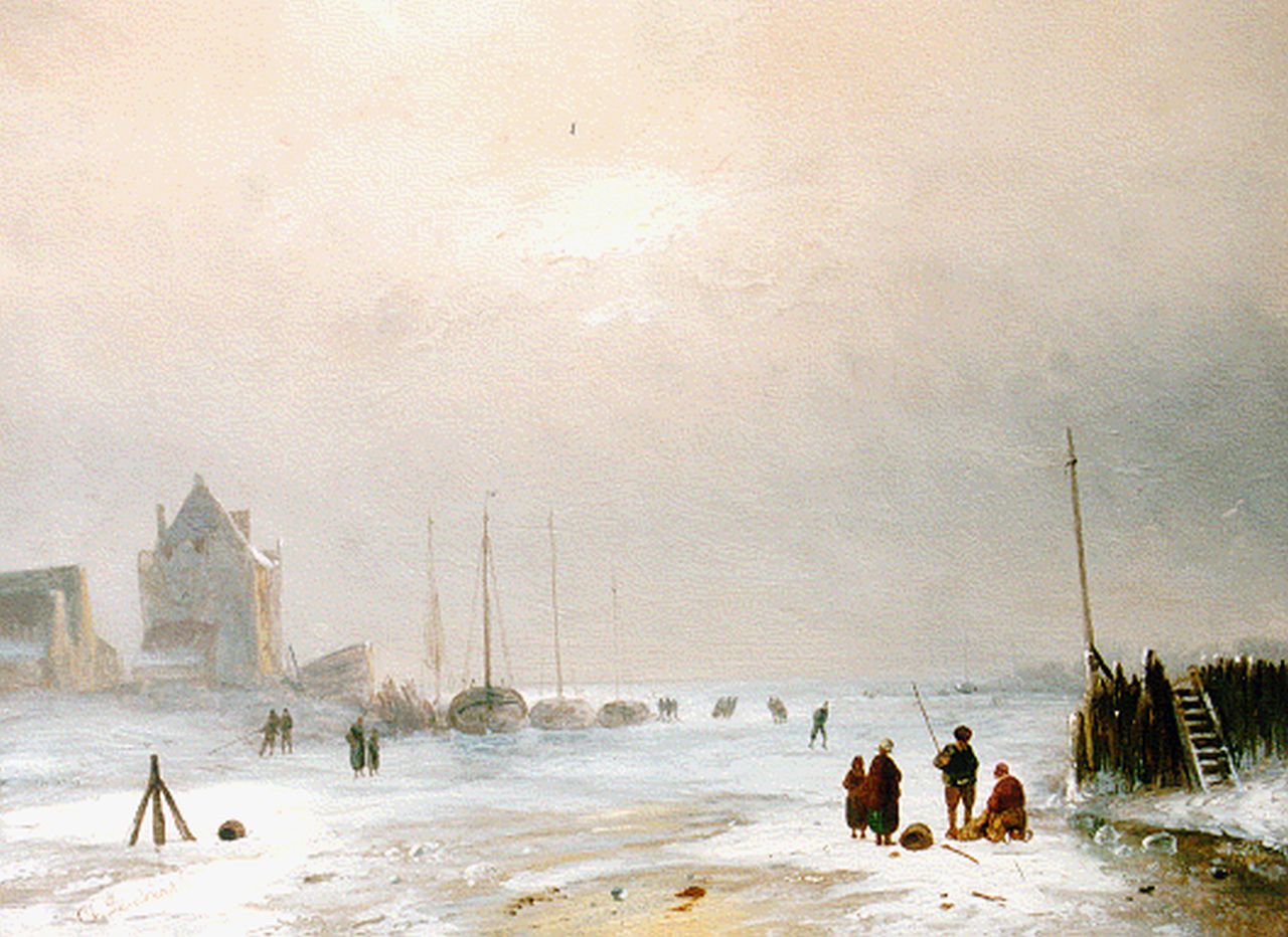 Leickert C.H.J. | 'Charles' Henri Joseph Leickert, Bedrijvigheid op een besneeuwde ijsvloer, olieverf op paneel 23,7 x 31,8 cm, gesigneerd linksonder Leickert C.H.J. | 'Charles' Henri Joseph Leickert, Bedrijvigheid op een besneeuwde ijsvloer, olieverf op paneel 23,7 x 31,8 cm, gesigneerd linksonder