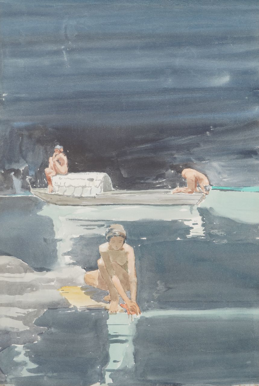 Kloos C.  | Cornelis Kloos | Aquarellen en tekeningen te koop aangeboden | Drie badende dames, aquarel op papier 57,0 x 38,2 cm, gesigneerd rechtsonder en gedateerd 1953