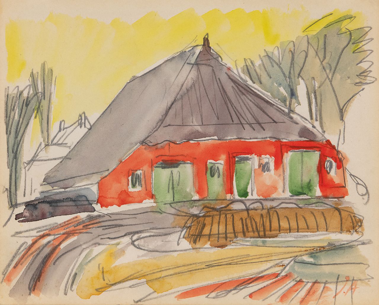 Altink J. | Jan Altink | Aquarellen en tekeningen te koop aangeboden | Rode boerderij, Groningen, zwart krijt en aquarel op papier 16,6 x 20,7 cm, gesigneerd rechtsonder met initialen Altink J. | Jan Altink | Aquarellen en tekeningen te koop aangeboden | Rode boerderij, Groningen, zwart krijt en aquarel op papier 16,6 x 20,7 cm, gesigneerd rechtsonder met initialen