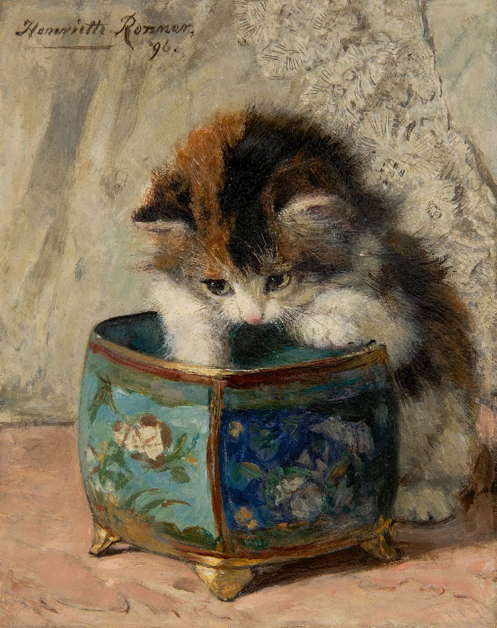 Ronner-Knip H. | Henriette Ronner-Knip | Schilderijen te koop aangeboden | Kitten spelend met een sierpot, olieverf op paneel 20,0 x 16,0 cm, gesigneerd linksboven en gedateerd '96 Ronner-Knip H. | Henriette Ronner-Knip | Schilderijen te koop aangeboden | Kitten spelend met een sierpot, olieverf op paneel 20,0 x 16,0 cm, gesigneerd linksboven en gedateerd '96