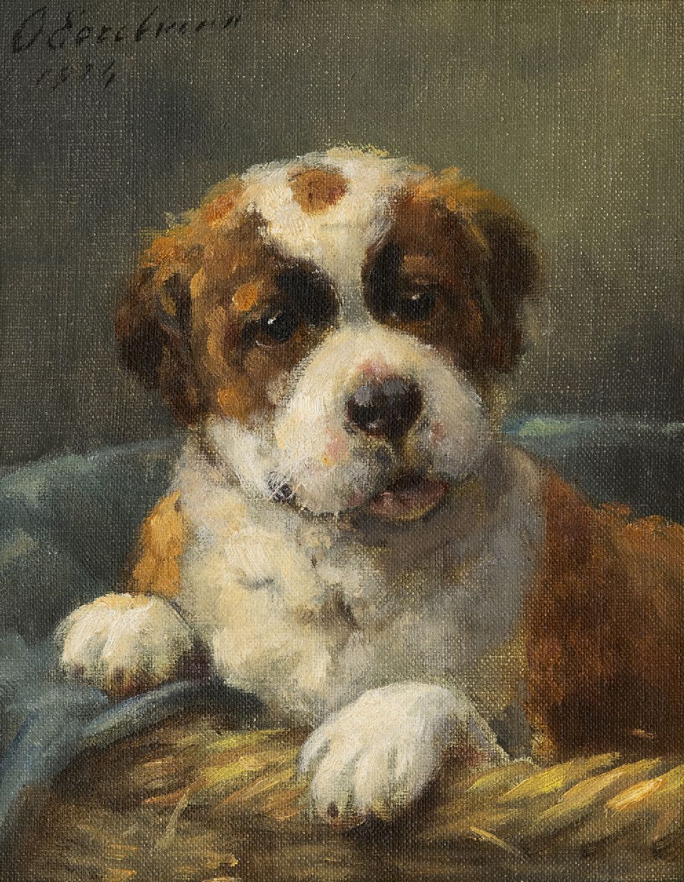 Eerelman O.  | Otto Eerelman | Schilderijen te koop aangeboden | Sint Bernard pup in z'n mandje, olieverf op schildersboard 23,8 x 18,8 cm, gesigneerd linksboven en gedateerd 1924