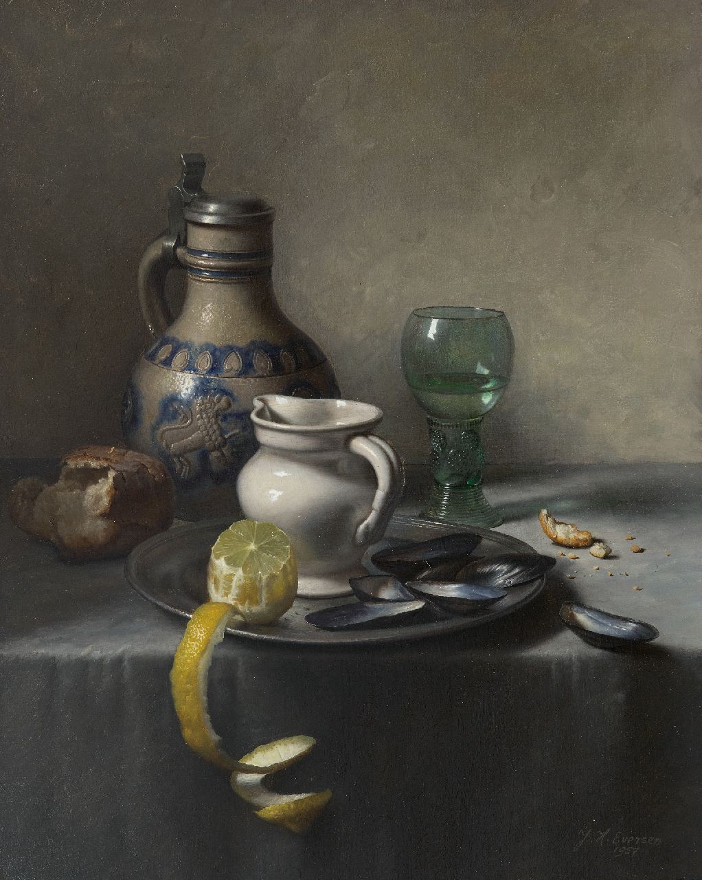 Eversen J.H. | Johannes Hendrik 'Jan' Eversen | Schilderijen te koop aangeboden | Stilleven met Westerwaldkruik, roemer, citroen en mosselen, olieverf op doek 50,8 x 40,9 cm, gesigneerd rechtsonder en gedateerd 1957 Eversen J.H. | Johannes Hendrik 'Jan' Eversen | Schilderijen te koop aangeboden | Stilleven met Westerwaldkruik, roemer, citroen en mosselen, olieverf op doek 50,8 x 40,9 cm, gesigneerd rechtsonder en gedateerd 1957