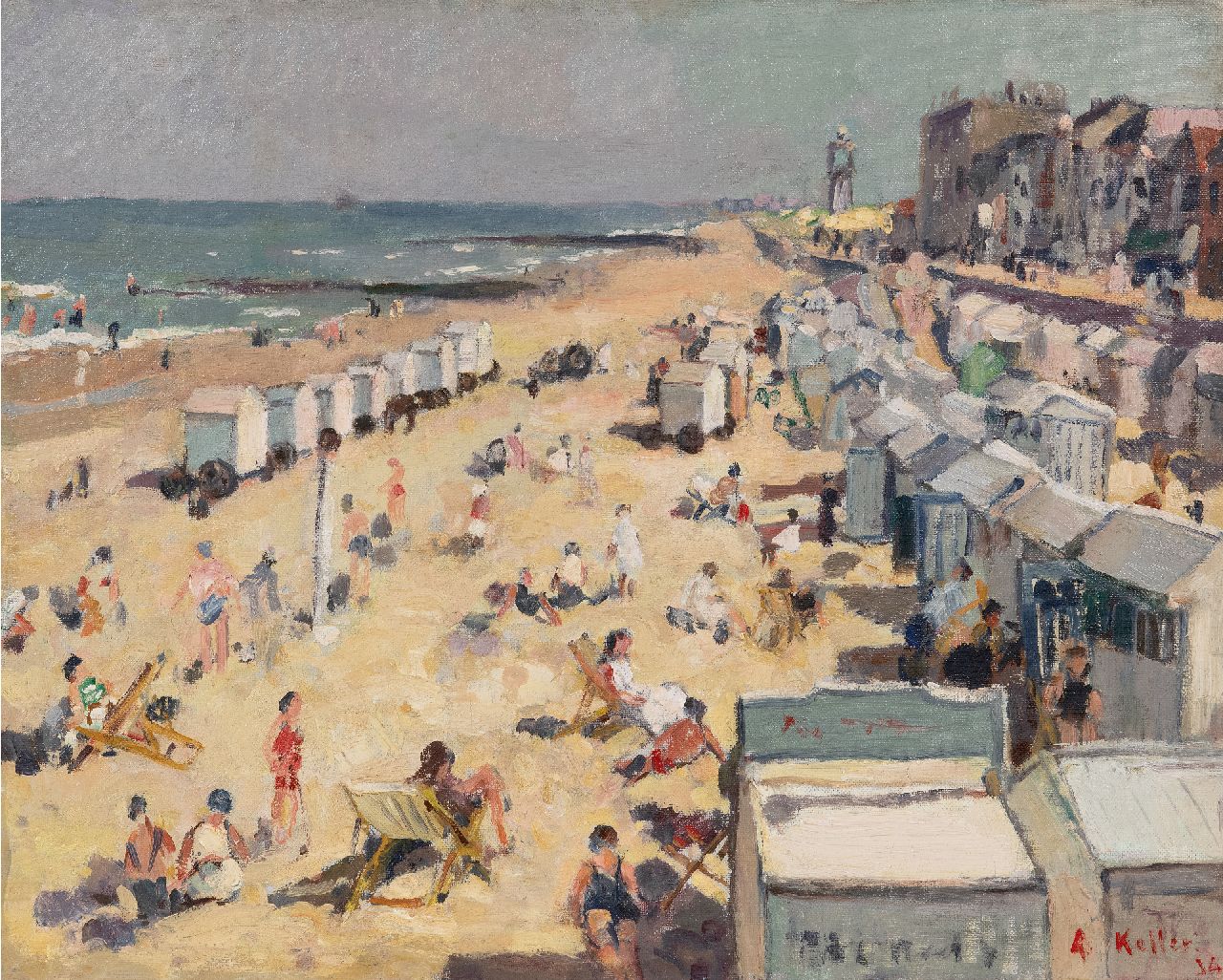 Keller A.  | Adolphe Keller | Schilderijen te koop aangeboden | Strandvermaak bij IJmuiden, olieverf op doek 40,2 x 50,3 cm, gesigneerd rechtsonder en gedateerd '34