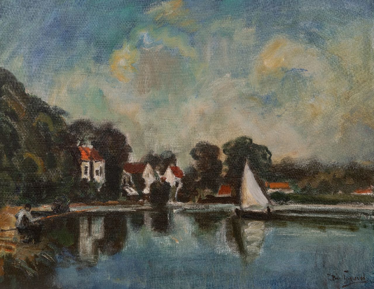 Wijngaerdt P.T. van | Petrus Theodorus 'Piet' van Wijngaerdt | Schilderijen te koop aangeboden | Zeilbootje op 't Zuider Buiten Spaarne bij Haarlem, olieverf op doek 70,5 x 90,2 cm, gesigneerd rechtsonder en zonder lijst Wijngaerdt P.T. van | Petrus Theodorus 'Piet' van Wijngaerdt | Schilderijen te koop aangeboden | Zeilbootje op 't Zuider Buiten Spaarne bij Haarlem, olieverf op doek 70,5 x 90,2 cm, gesigneerd rechtsonder en zonder lijst