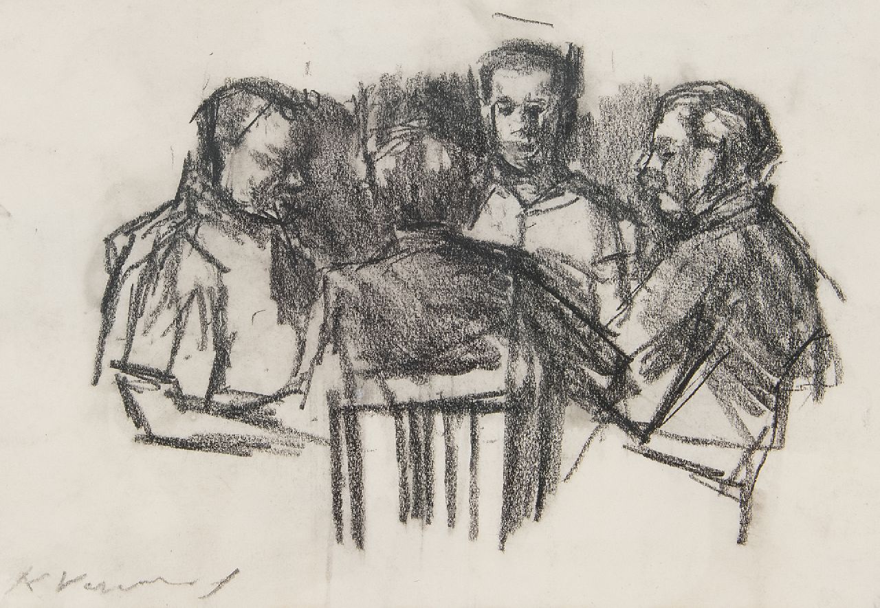 Verwey K.  | Kees Verwey | Aquarellen en tekeningen te koop aangeboden | Kaartende mannen, zwart krijt op papier 16,8 x 24,2 cm, gesigneerd linksonder