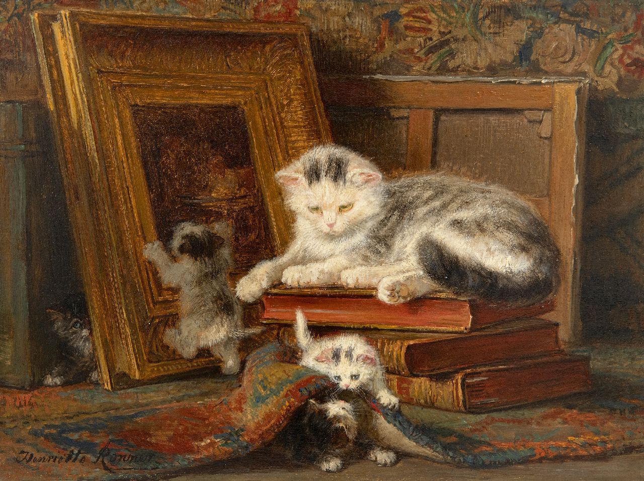 Ronner-Knip H. | Henriette Ronner-Knip | Schilderijen te koop aangeboden | Verstoppertje spelen, olieverf op paneel 24,4 x 32,3 cm, gesigneerd linksonder Ronner-Knip H. | Henriette Ronner-Knip | Schilderijen te koop aangeboden | Verstoppertje spelen, olieverf op paneel 24,4 x 32,3 cm, gesigneerd linksonder
