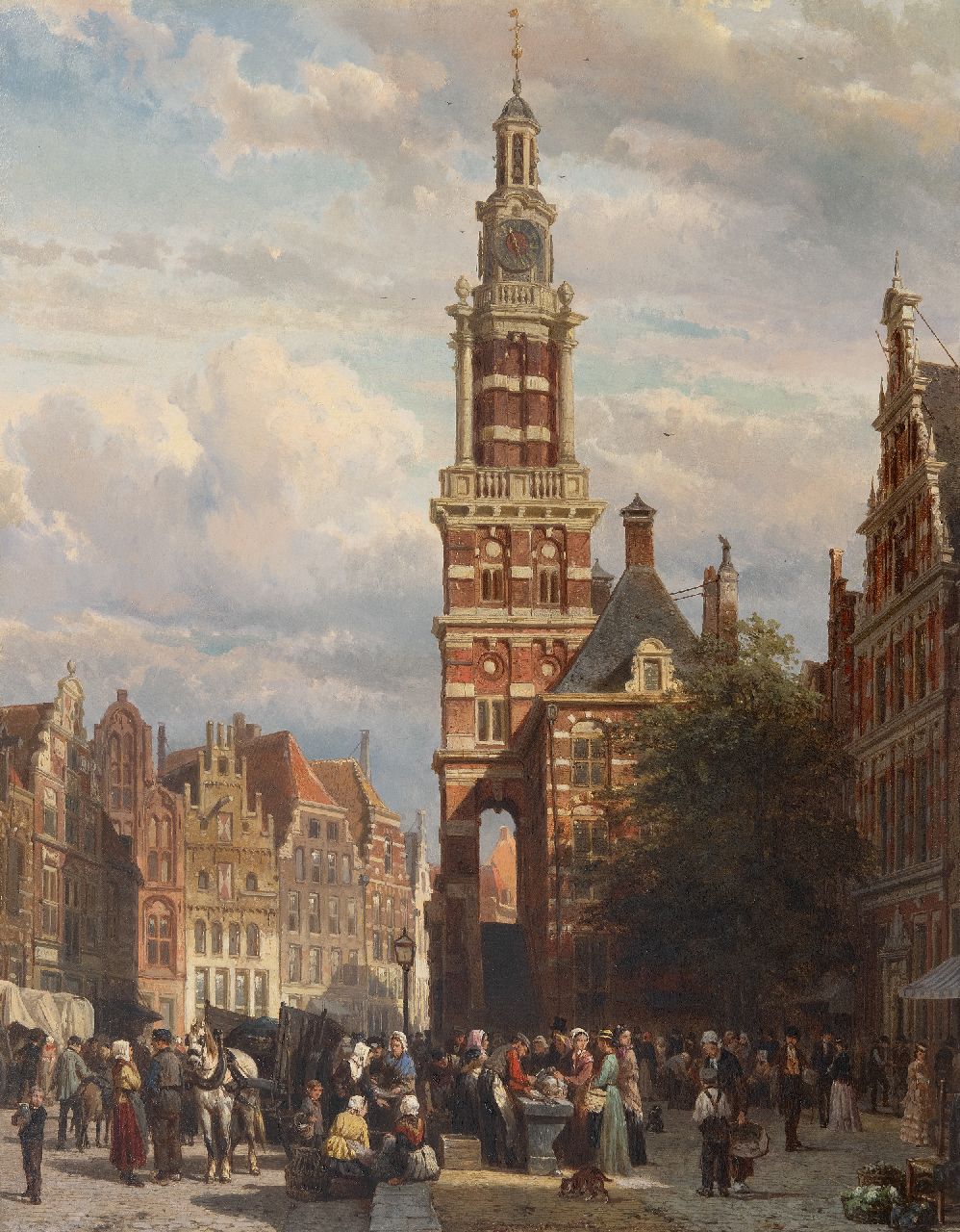Springer C. | Cornelis Springer, Drukbevolkte markt voor de Wijnhuistoren in Zutphen, olieverf op paneel 60,2 x 47,5 cm, gesigneerd middenonder en gedateerd 1872 Springer C. | Cornelis Springer, Drukbevolkte markt voor de Wijnhuistoren in Zutphen, olieverf op paneel 60,2 x 47,5 cm, gesigneerd middenonder en gedateerd 1872