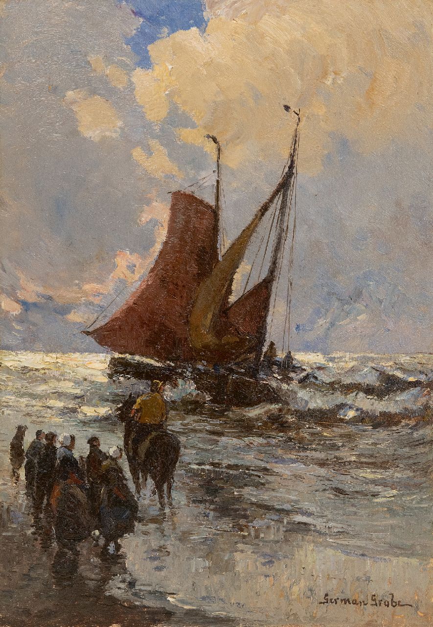 Grobe P.G. | Philipp 'German' Grobe | Schilderijen te koop aangeboden | Vissers en bomschuiten in de branding, Katwijk, olieverf op paneel 41,0 x 28,5 cm, gesigneerd rechtsonder Grobe P.G. | Philipp 'German' Grobe | Schilderijen te koop aangeboden | Vissers en bomschuiten in de branding, Katwijk, olieverf op paneel 41,0 x 28,5 cm, gesigneerd rechtsonder