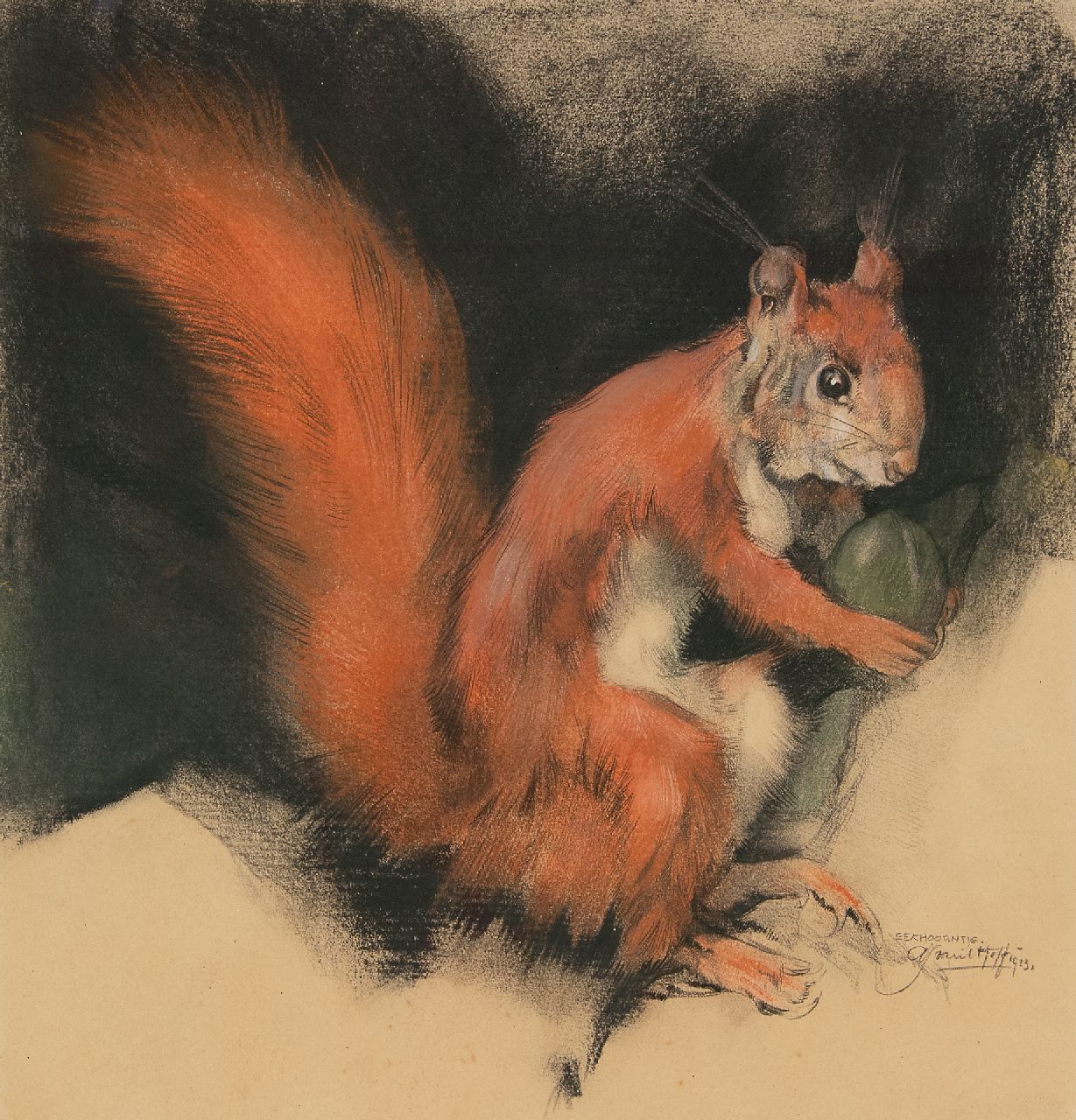 Hoff A.J. van 't | Adrianus Johannes 'Adriaan' van 't Hoff | Aquarellen en tekeningen te koop aangeboden | Eekhoorntje, houtskool en pastel op papier 28,2 x 27,2 cm, gesigneerd rechtsonder en gedateerd 1923 Hoff A.J. van 't | Adrianus Johannes 'Adriaan' van 't Hoff | Aquarellen en tekeningen te koop aangeboden | Eekhoorntje, houtskool en pastel op papier 28,2 x 27,2 cm, gesigneerd rechtsonder en gedateerd 1923