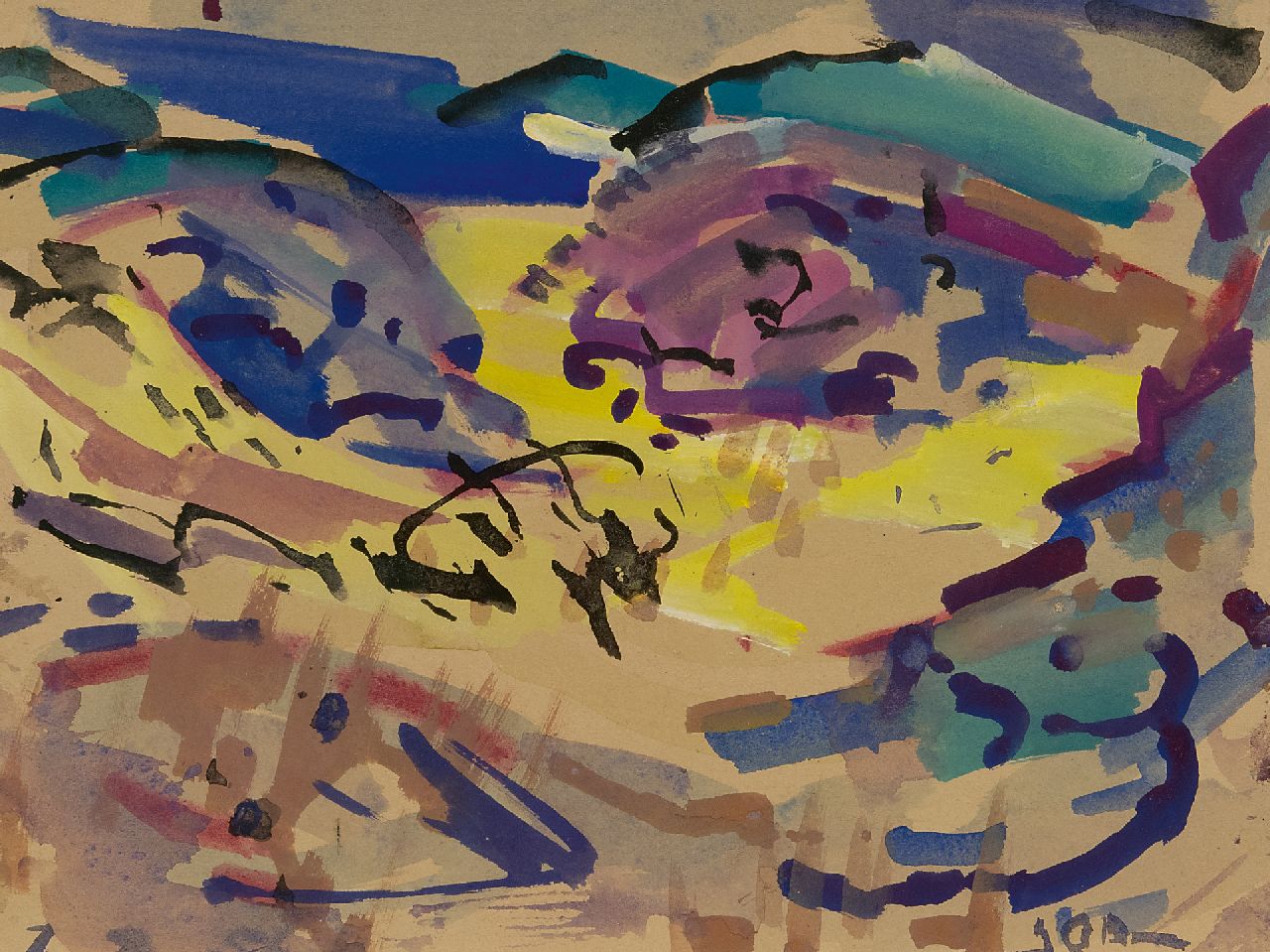 Jordens J.G. | 'Jan' Gerrit Jordens, Duinlandschap Schiermonnikoog, aquarel op papier 23,0 x 30,8 cm, gesigneerd rechtsonder en gedateerd 7 9 57 Jordens J.G. | 'Jan' Gerrit Jordens, Duinlandschap Schiermonnikoog, aquarel op papier 23,0 x 30,8 cm, gesigneerd rechtsonder en gedateerd 7 9 57