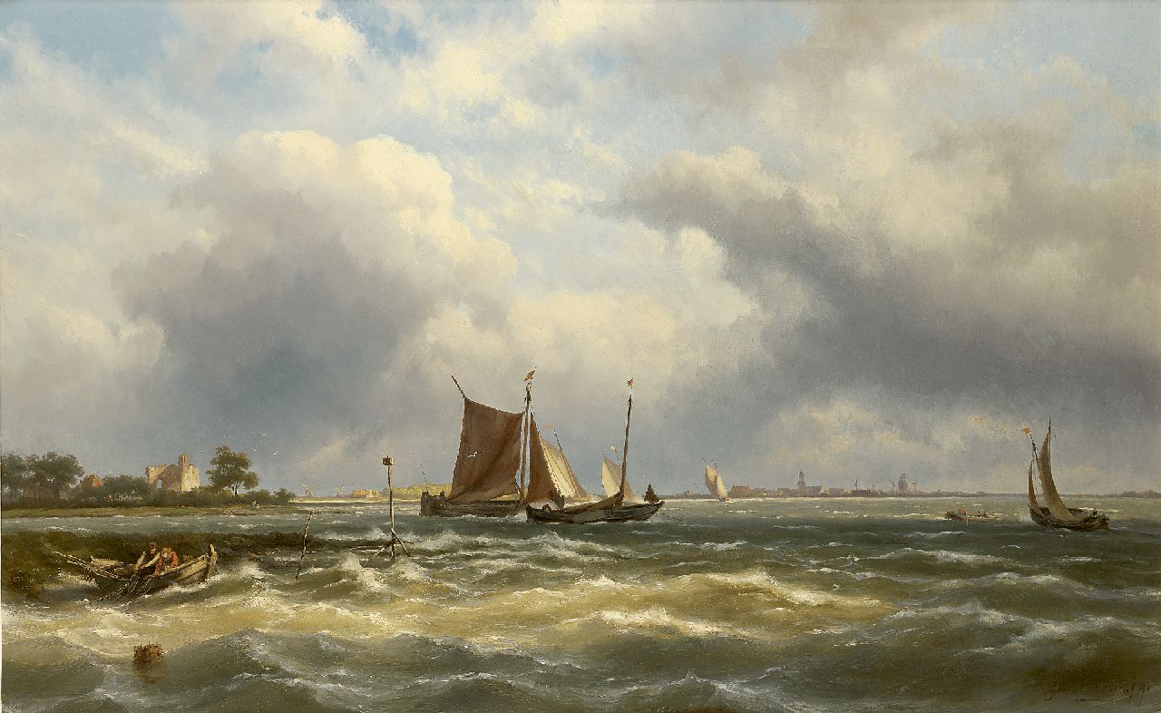 Koekkoek J.H.B. | Johannes Hermanus Barend 'Jan H.B.' Koekkoek | Schilderijen te koop aangeboden | Vissersschepen in een riviermonding, olieverf op doek 66,1 x 105,6 cm, gesigneerd rechtsonder en gedateerd '90 Koekkoek J.H.B. | Johannes Hermanus Barend 'Jan H.B.' Koekkoek | Schilderijen te koop aangeboden | Vissersschepen in een riviermonding, olieverf op doek 66,1 x 105,6 cm, gesigneerd rechtsonder en gedateerd '90