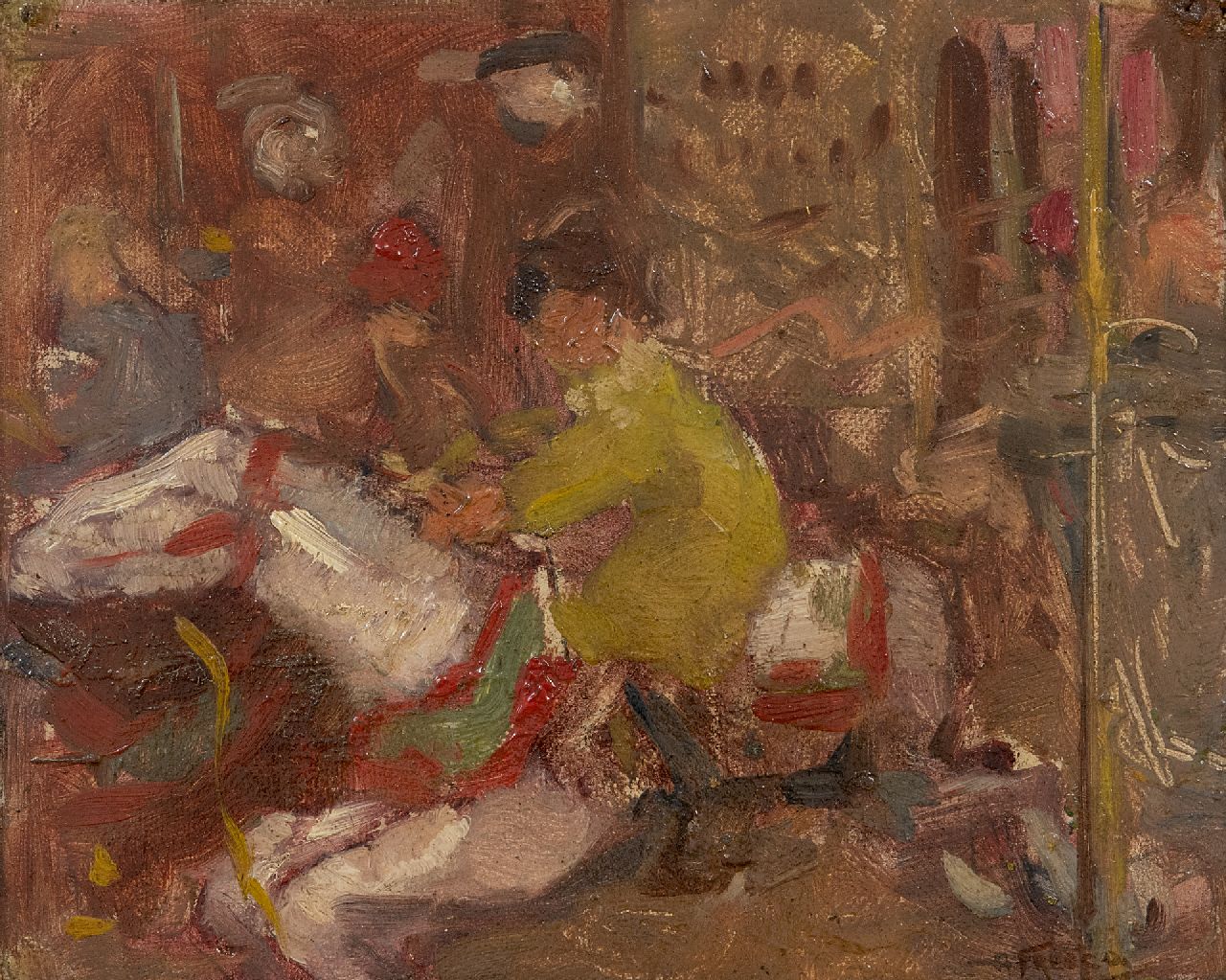 Fresco A. | Abraham Fresco, Marga Fresco in de draaimolen, olieverf op doek op board 19,0 x 23,6 cm, gesigneerd rechtsonder Fresco A. | Abraham Fresco, Marga Fresco in de draaimolen, olieverf op doek op board 19,0 x 23,6 cm, gesigneerd rechtsonder